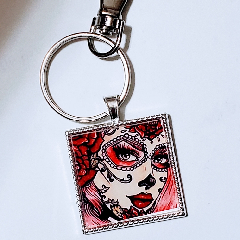 Sugar skull keyring or pendant handmade new glass face